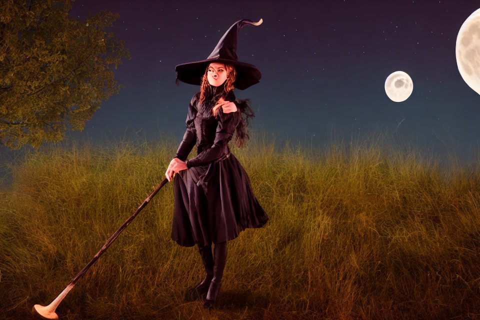 Witch in Pointed Hat with Broom in Night Field