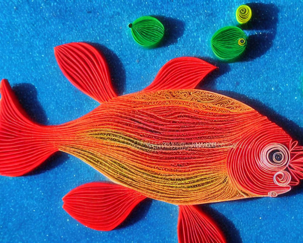 Colorful Paper Quilling Art: Red and Yellow Fish on Blue Background