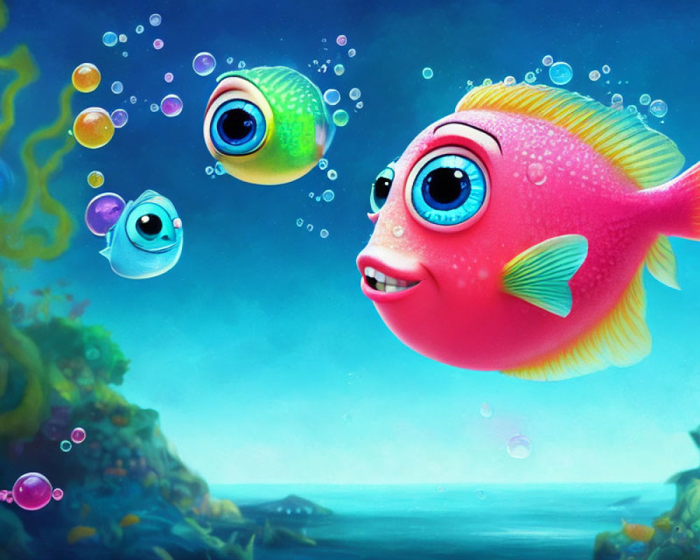 Vibrant underwater scene with colorful cartoon fish and coral