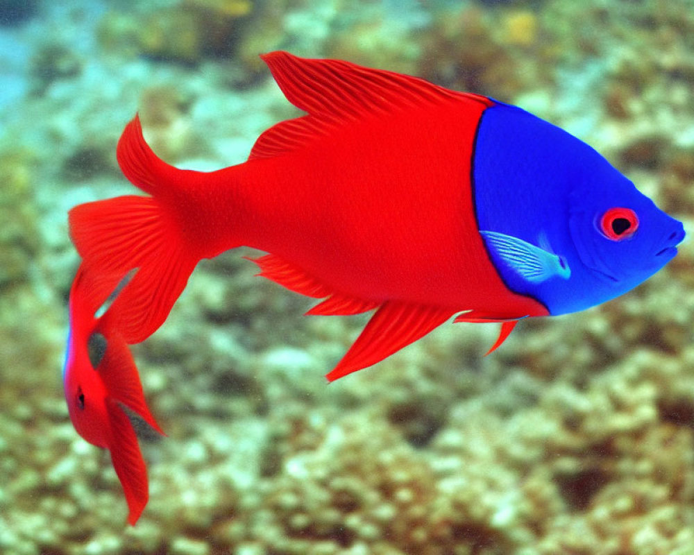 Colorful Fish Swimming Above Coral Reef with Red and Blue Hues