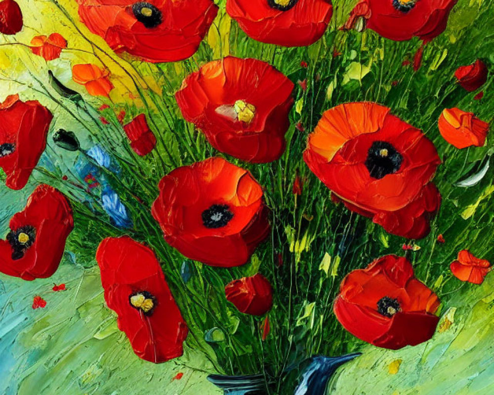 Colorful oil painting featuring red poppies in blue vase with textured brushstrokes on yellow backdrop