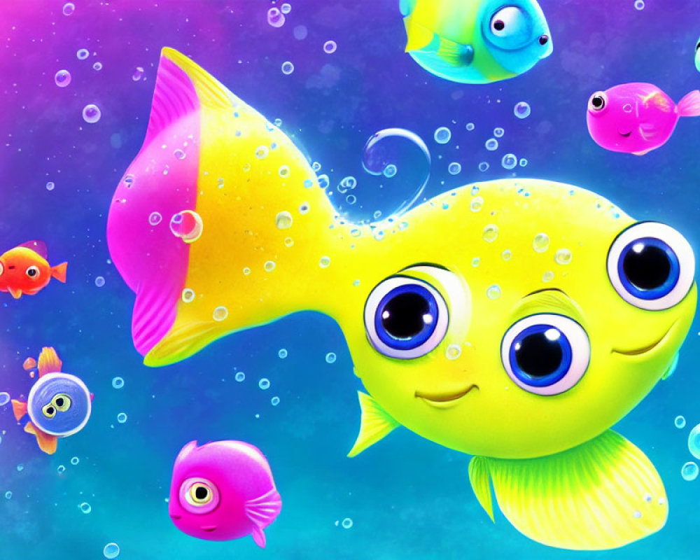 Colorful Cartoon Fish in Vibrant Underwater Scene