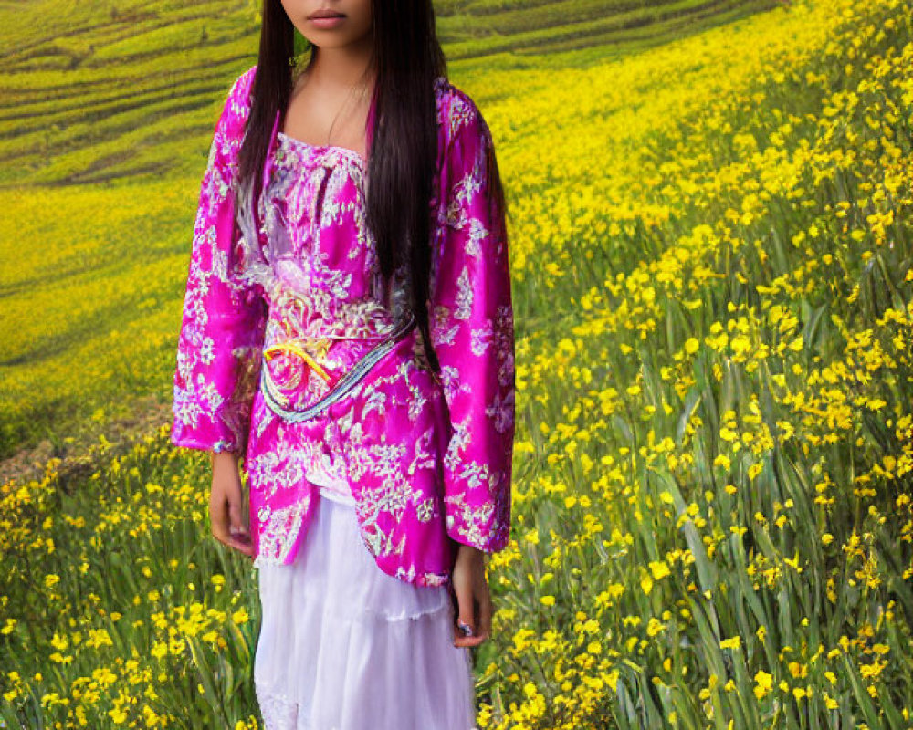 Woman in pink and white outfit in yellow flower field with green hills