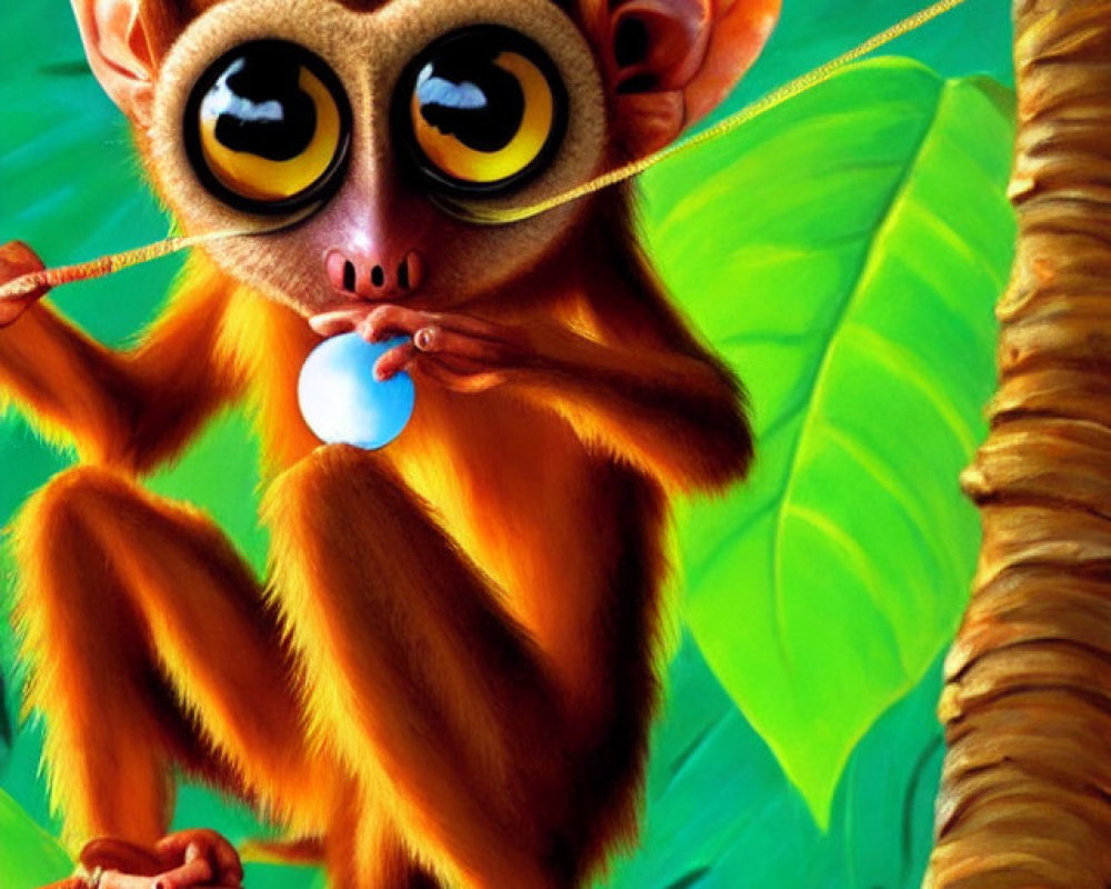 Colorful Cartoon Monkey Chewing Bubble Gum in Jungle