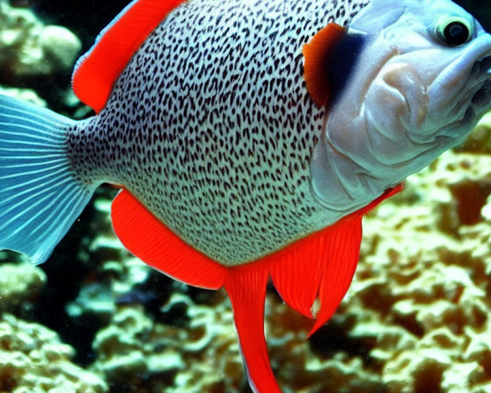 Colorful Fish with Red Fins and Patterned Body Swimming by Coral Reef