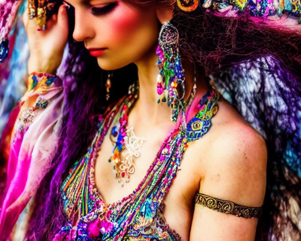 Colorful Woman in Embroidered Shawl with Intricate Makeup