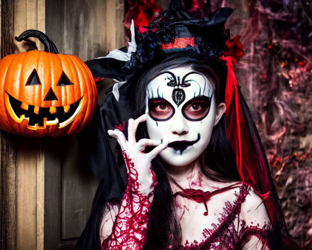 Vampire costume with face paint posing next to carved pumpkin