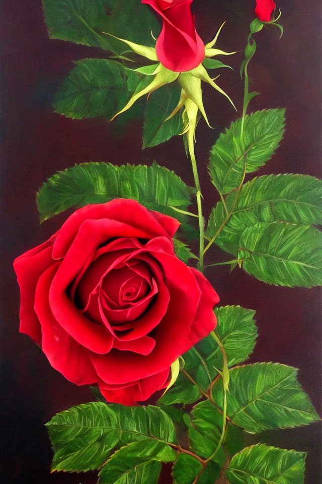 Vibrant painting of red rose in full bloom on dark background