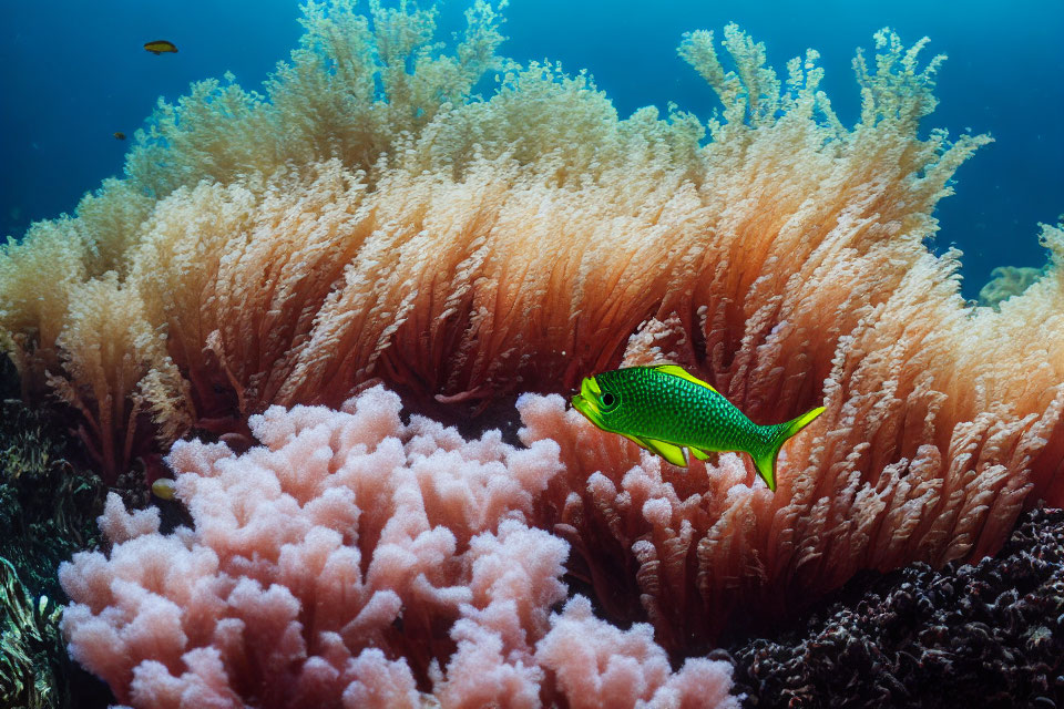 Colorful fish and coral in blue ocean water