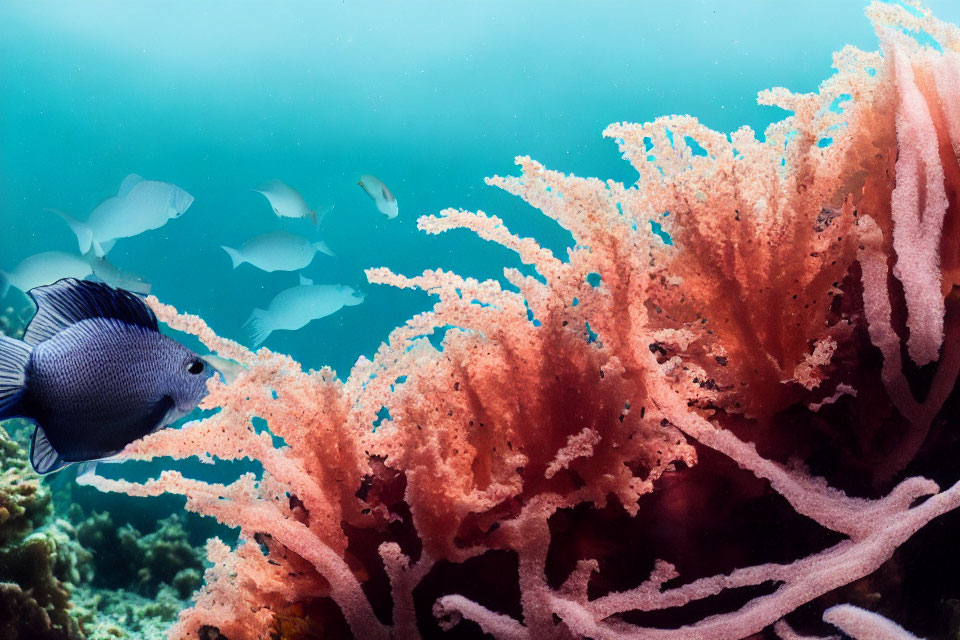 Underwater Scene: School of Fish near Pink Coral & Blue Fish