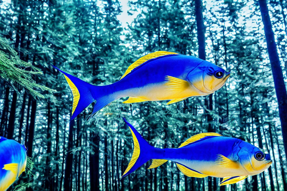 Colorful Yellow and Blue Fish Swimming with Tall Trees Background