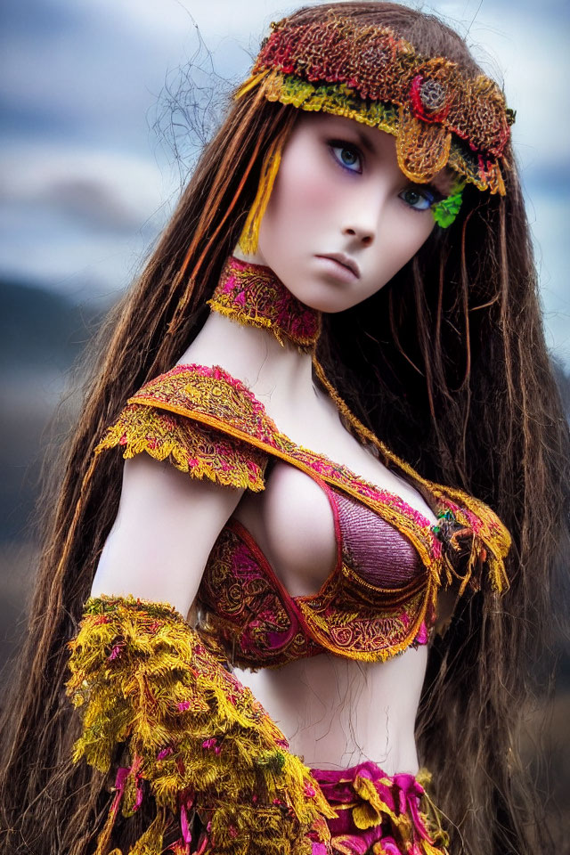 Intricate autumn-themed doll with blue eyes and brown hair on blurred natural backdrop