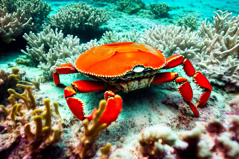 Colorful Orange Crab with Red and White-Tipped Claws in Coral Reef