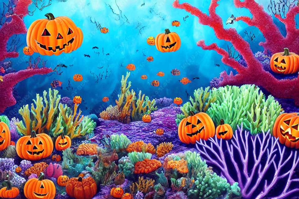 Colorful Coral Reefs and Jack-o'-lanterns in Underwater Scene