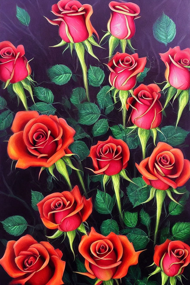 Bright Red and Pink Roses on Dark Background with Lush Green Leaves