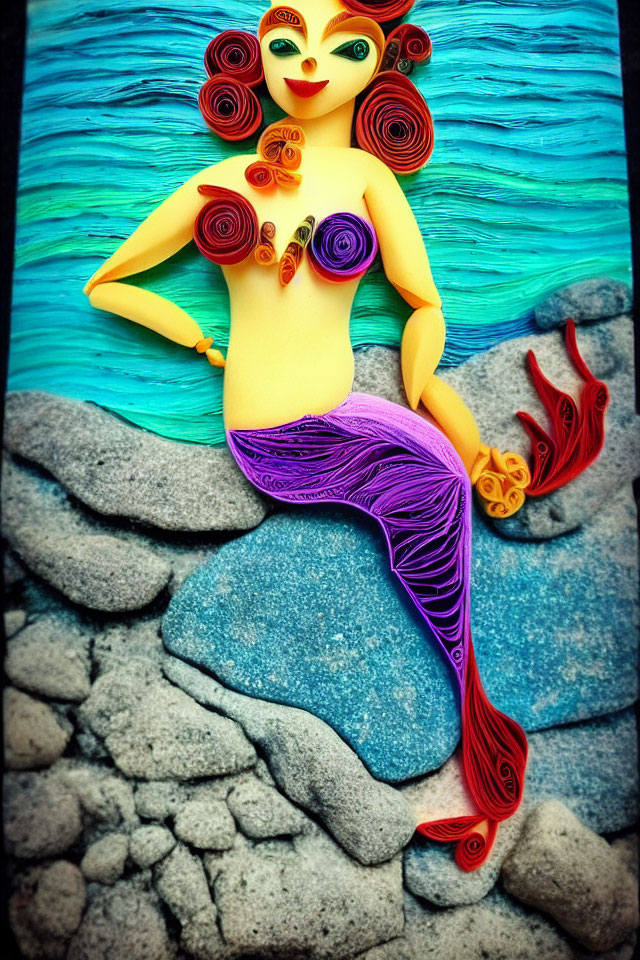 Vibrant mermaid art: red hair swirls, purple tail, blue water