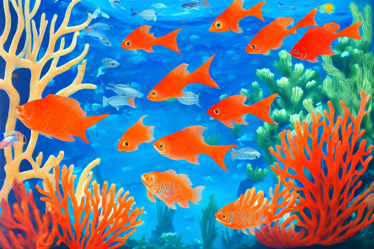 Colorful Coral Reefs with Bright Orange Fish in Blue Ocean