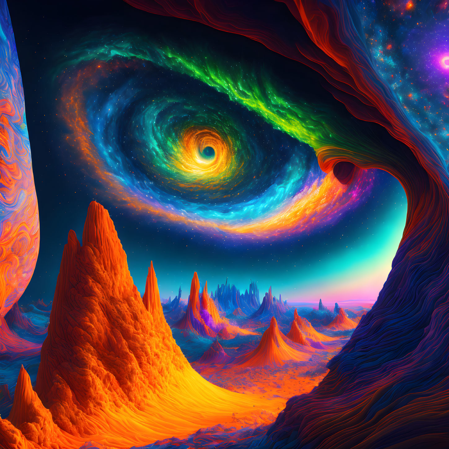 Colorful Psychedelic Landscape with Galaxy Swirls and Rock Formations