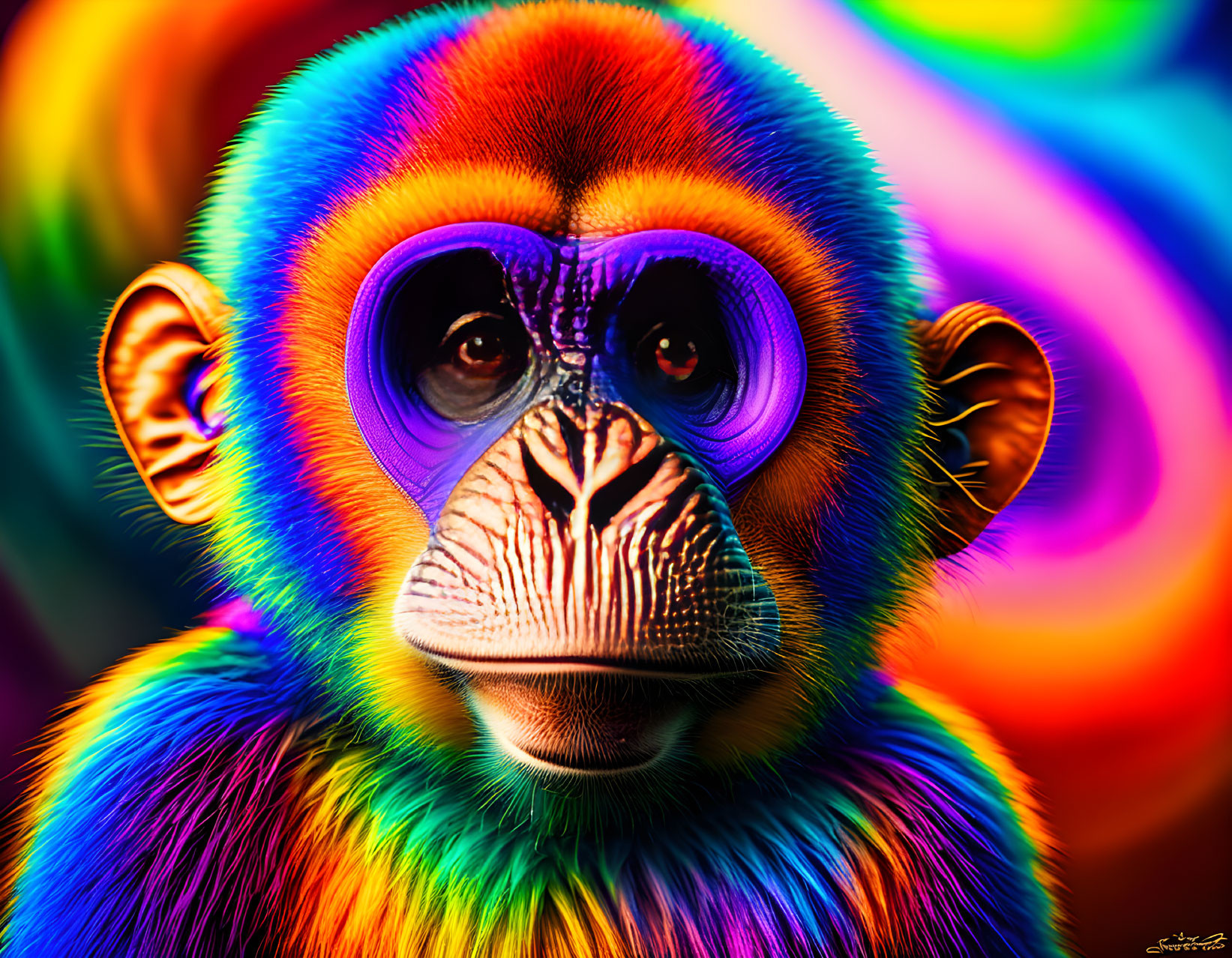 Colorful Digital Artwork: Monkey with Rainbow Fur Pattern