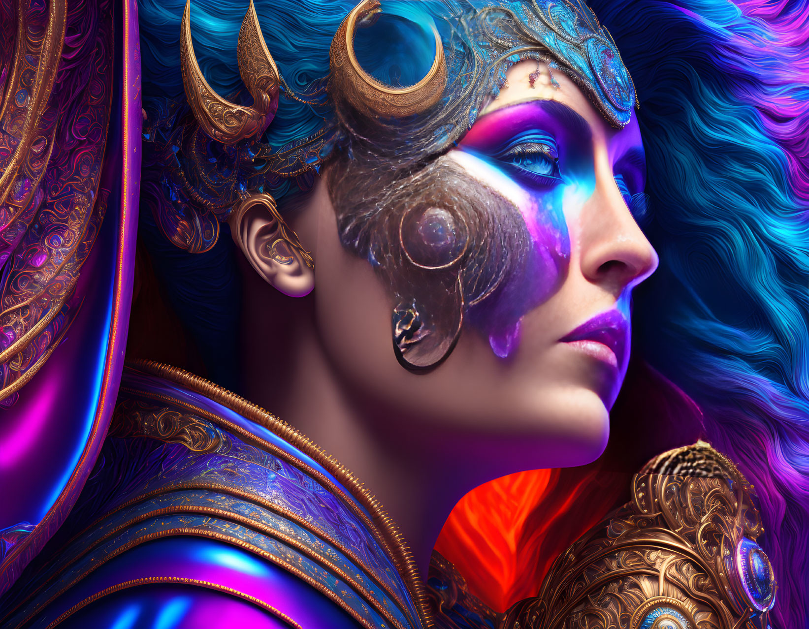 Colorful Fantasy Portrait of Woman in Blue and Gold Armor