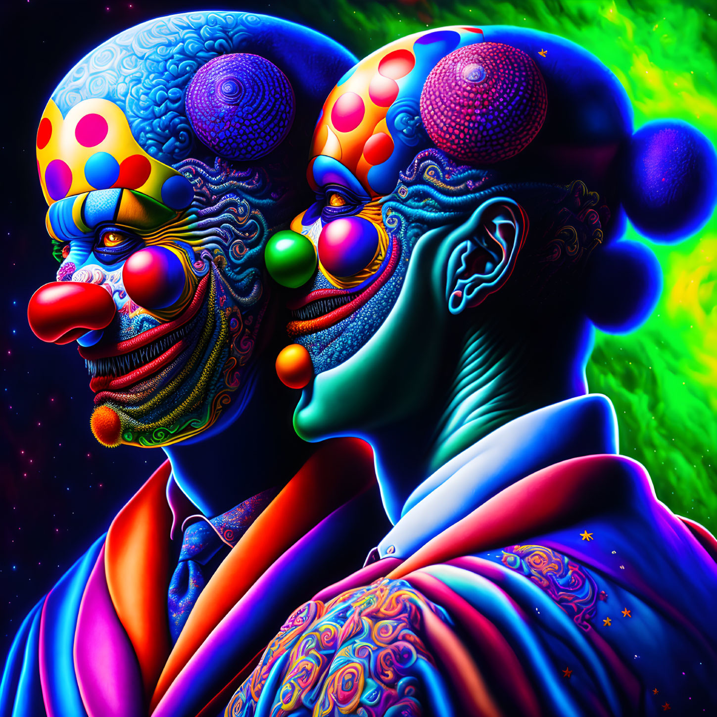 Colorful digital artwork featuring two clowns in psychedelic colors on a neon cosmic backdrop