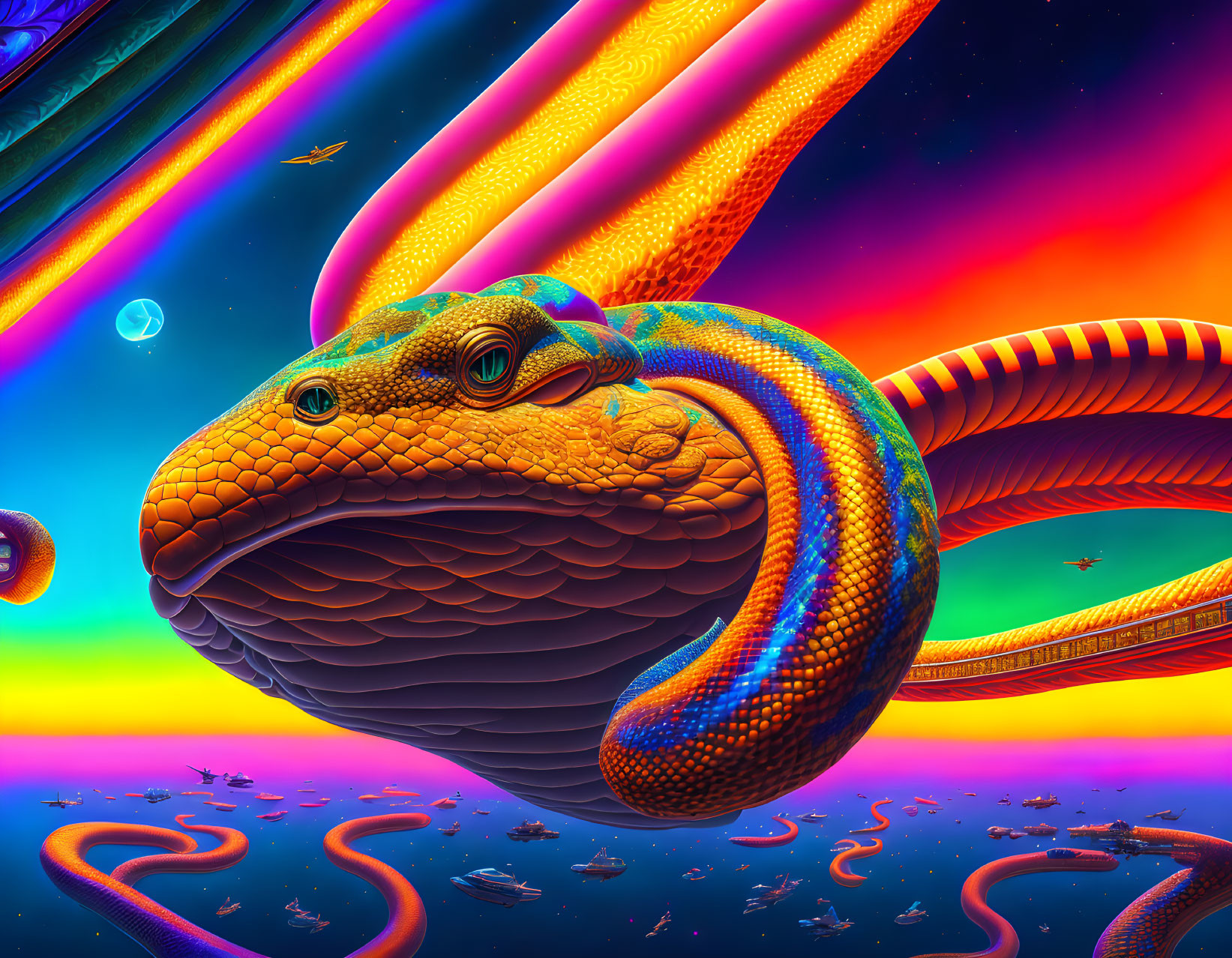 Vibrantly colored snake in surreal psychedelic setting