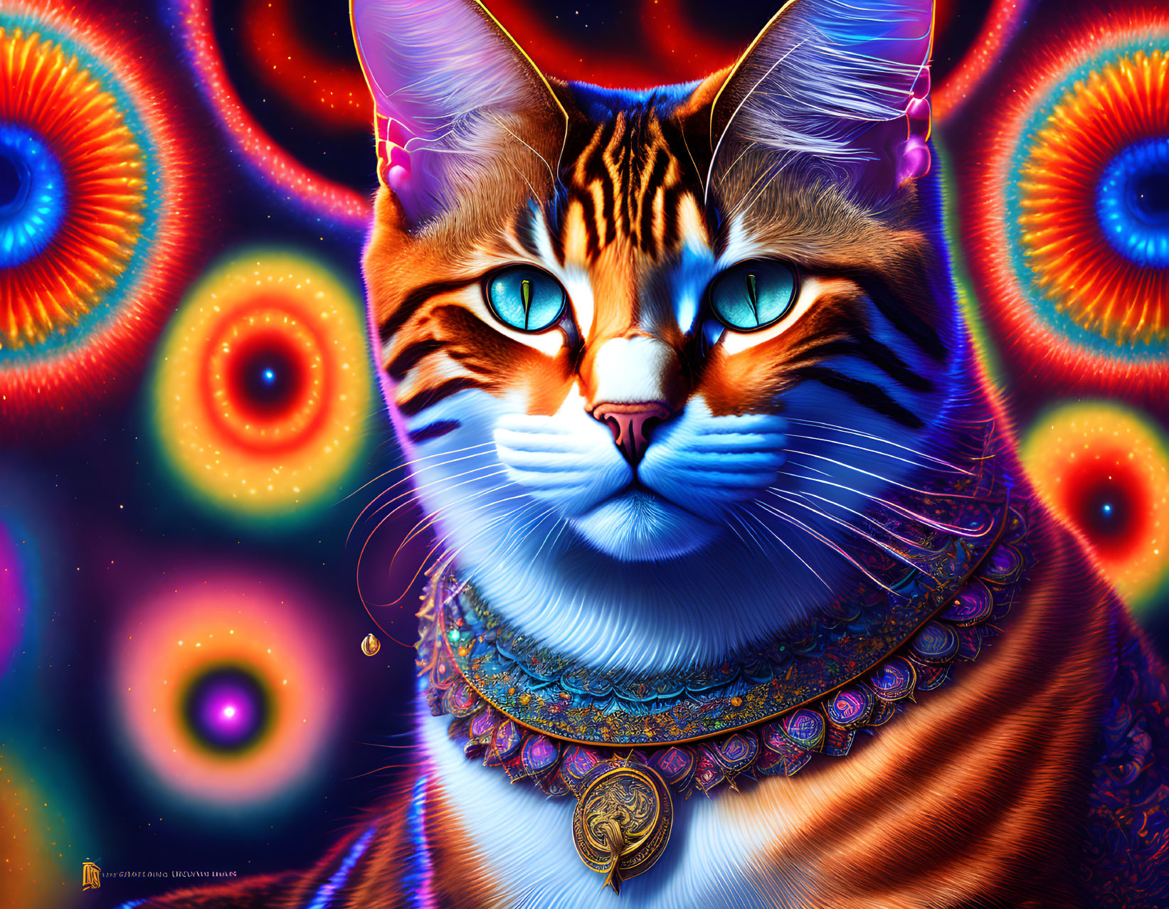 Colorful Digital Art: Cat with Blue Eyes and Psychedelic Background