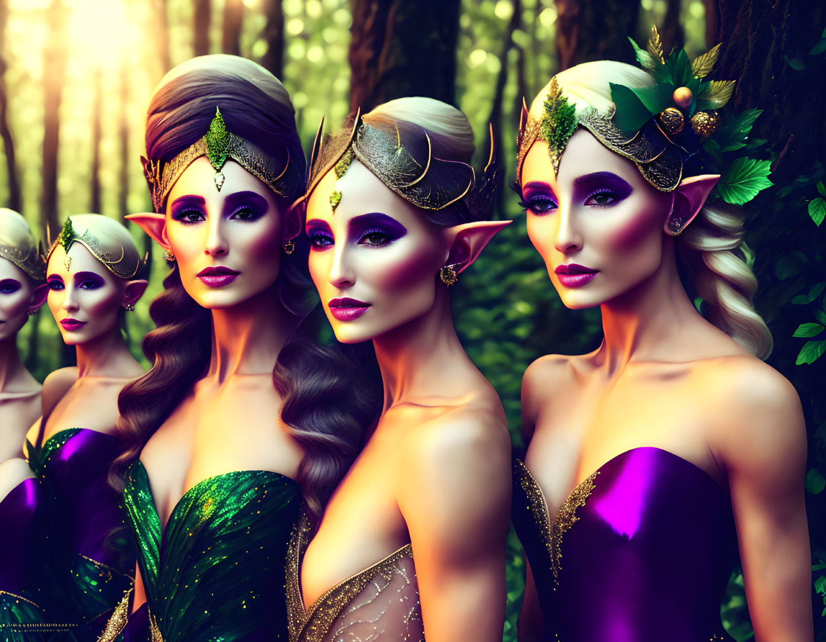 Four elegant female elves with golden headpieces in mystical forest