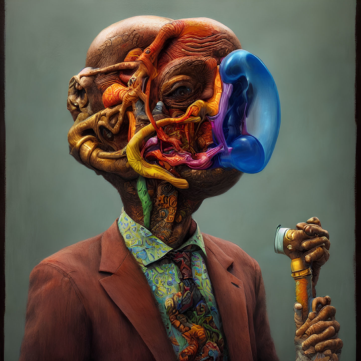 Vibrant surreal portrait with detailed exposed head and suit holding cane