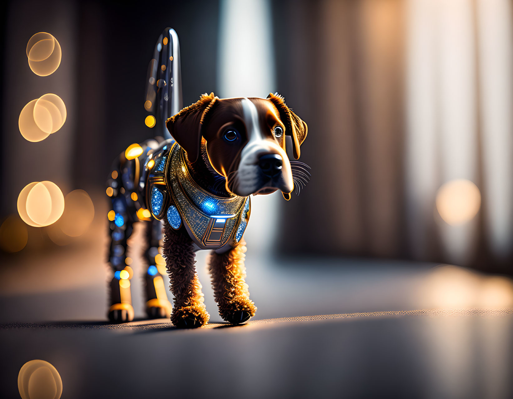 Glowing blue-eyed robotic dog in golden armor on reflective surface