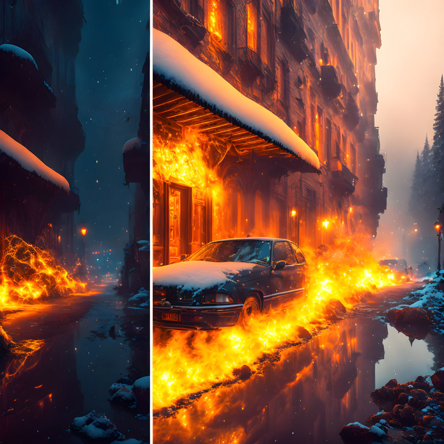 Snow-covered street with fiery light reflections on car and wet pavement