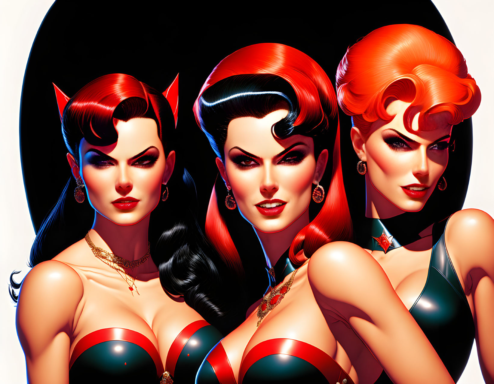 Stylized red-haired female characters in black and red outfits