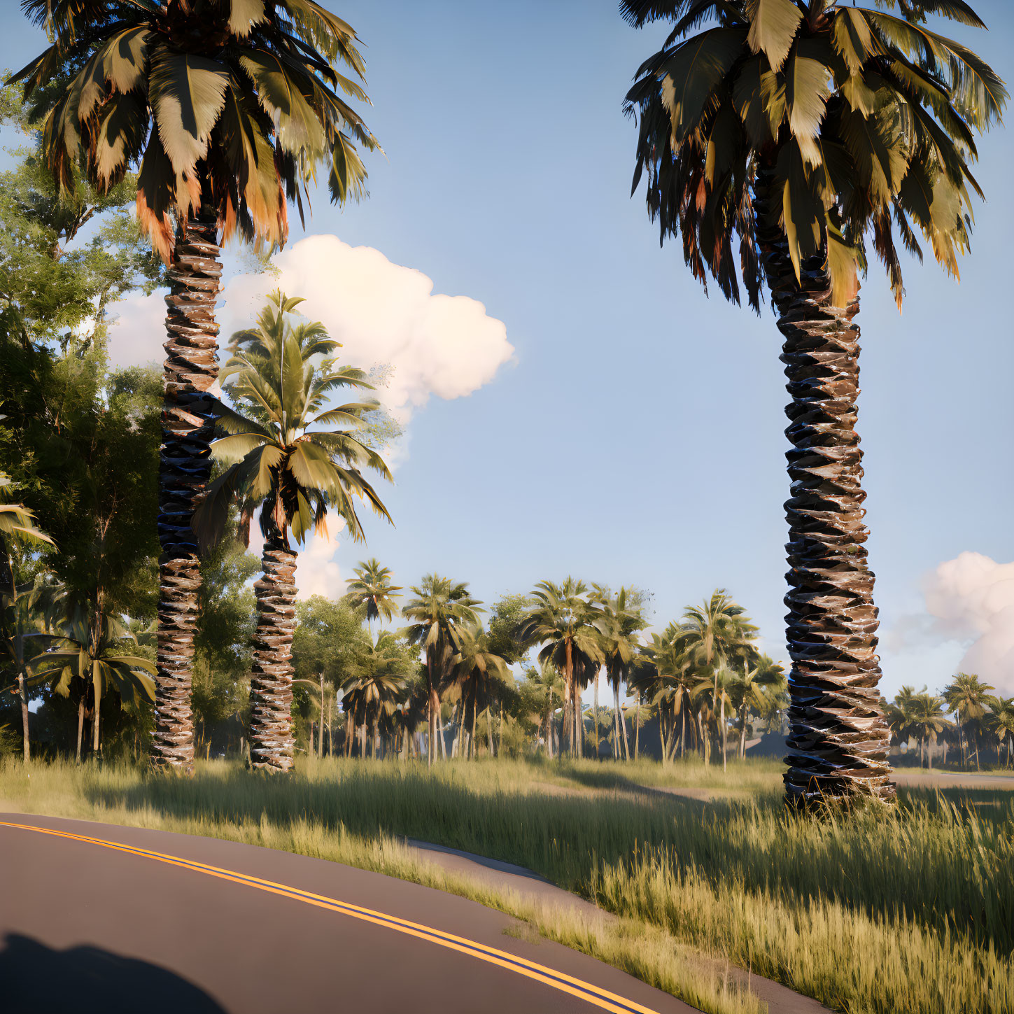 Tranquil scene: tall palm trees along a serene road with lush grass under a clear sky