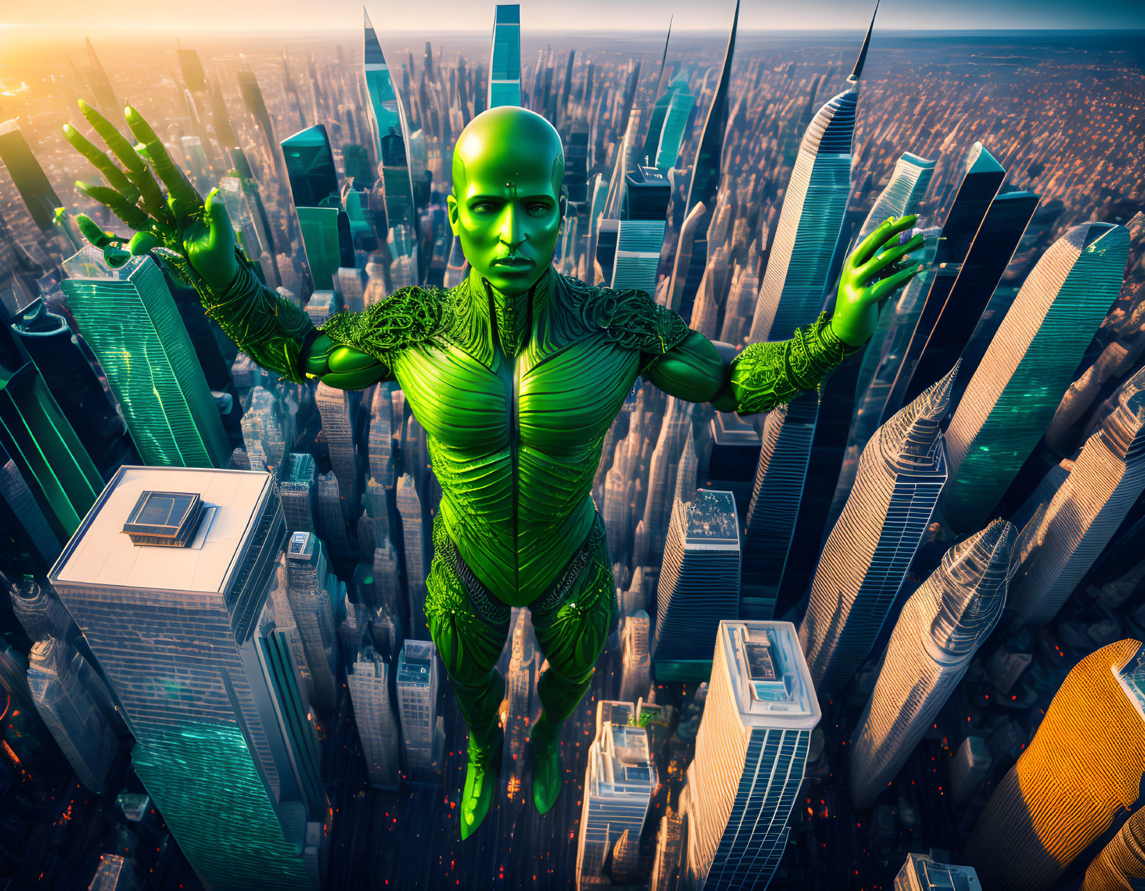 Green-skinned humanoid figure levitates over cityscape with skyscrapers.