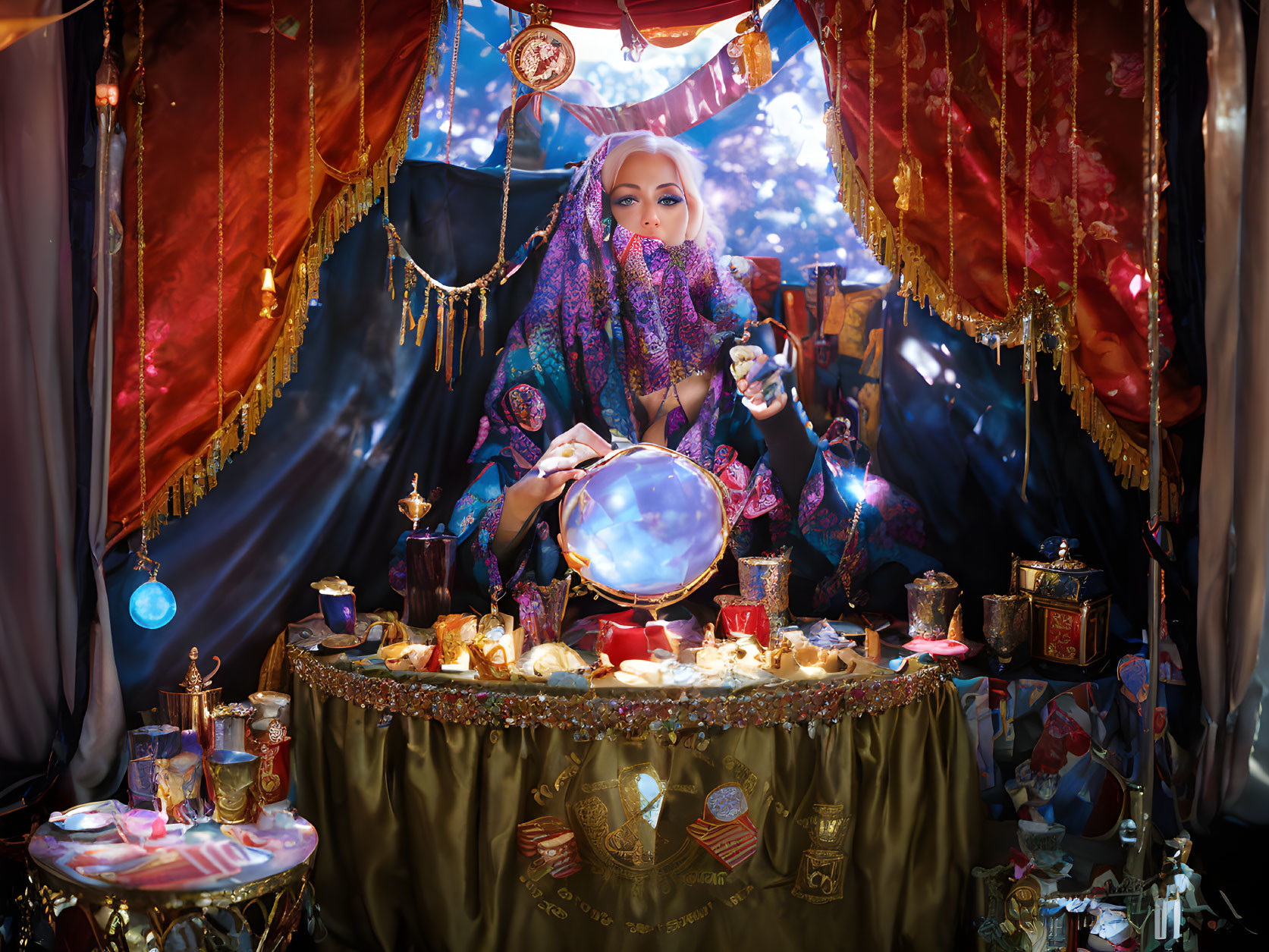 Fortune teller with crystal ball in mystical tent