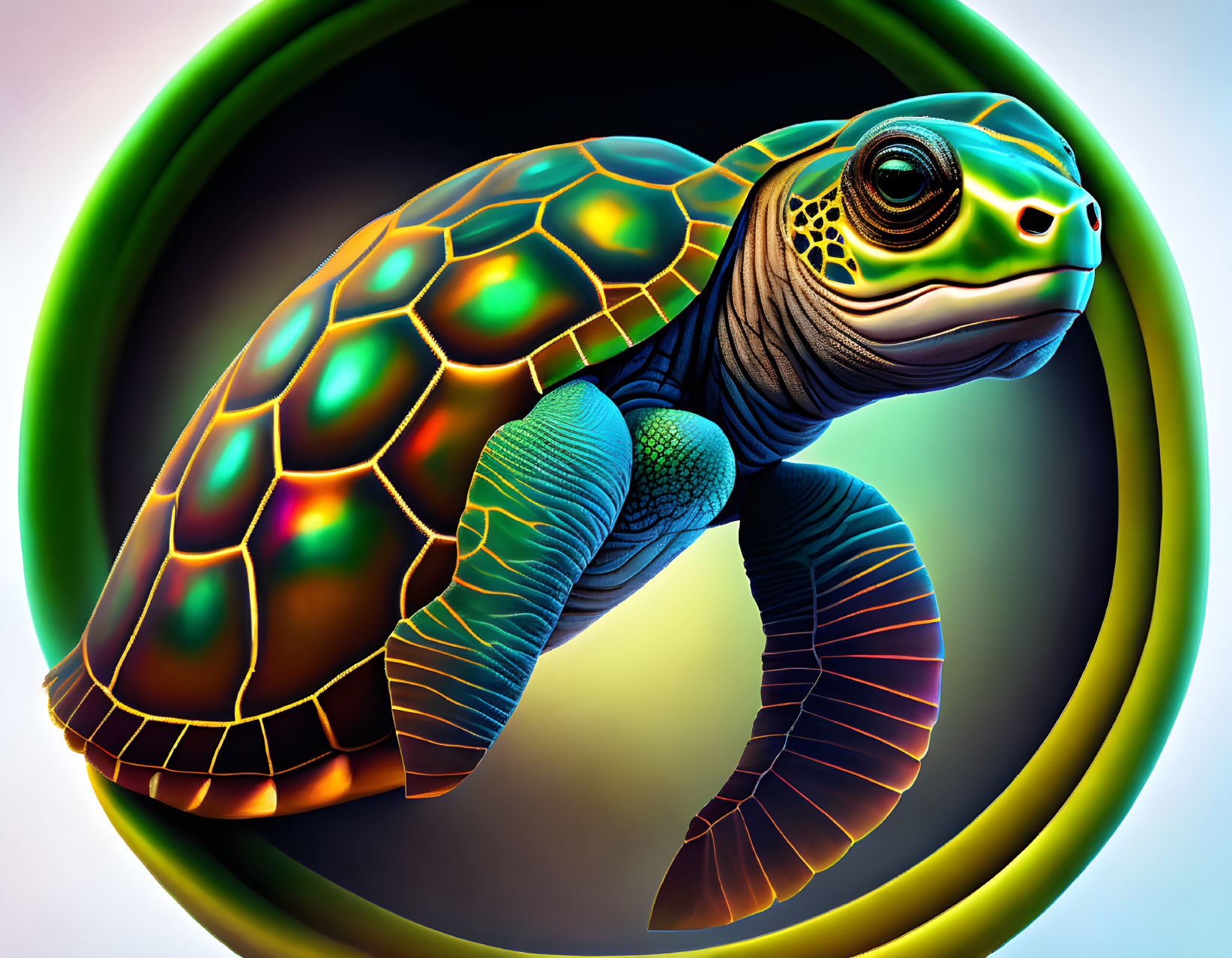 Vibrant sea turtle artwork in circular frame on gradient background