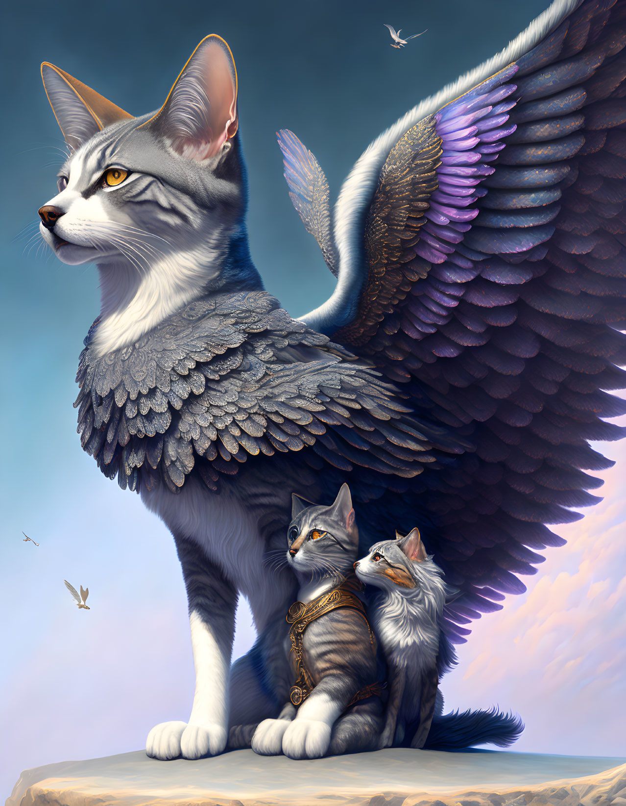 Majestic winged adult cat with kittens on rock under soft blue sky