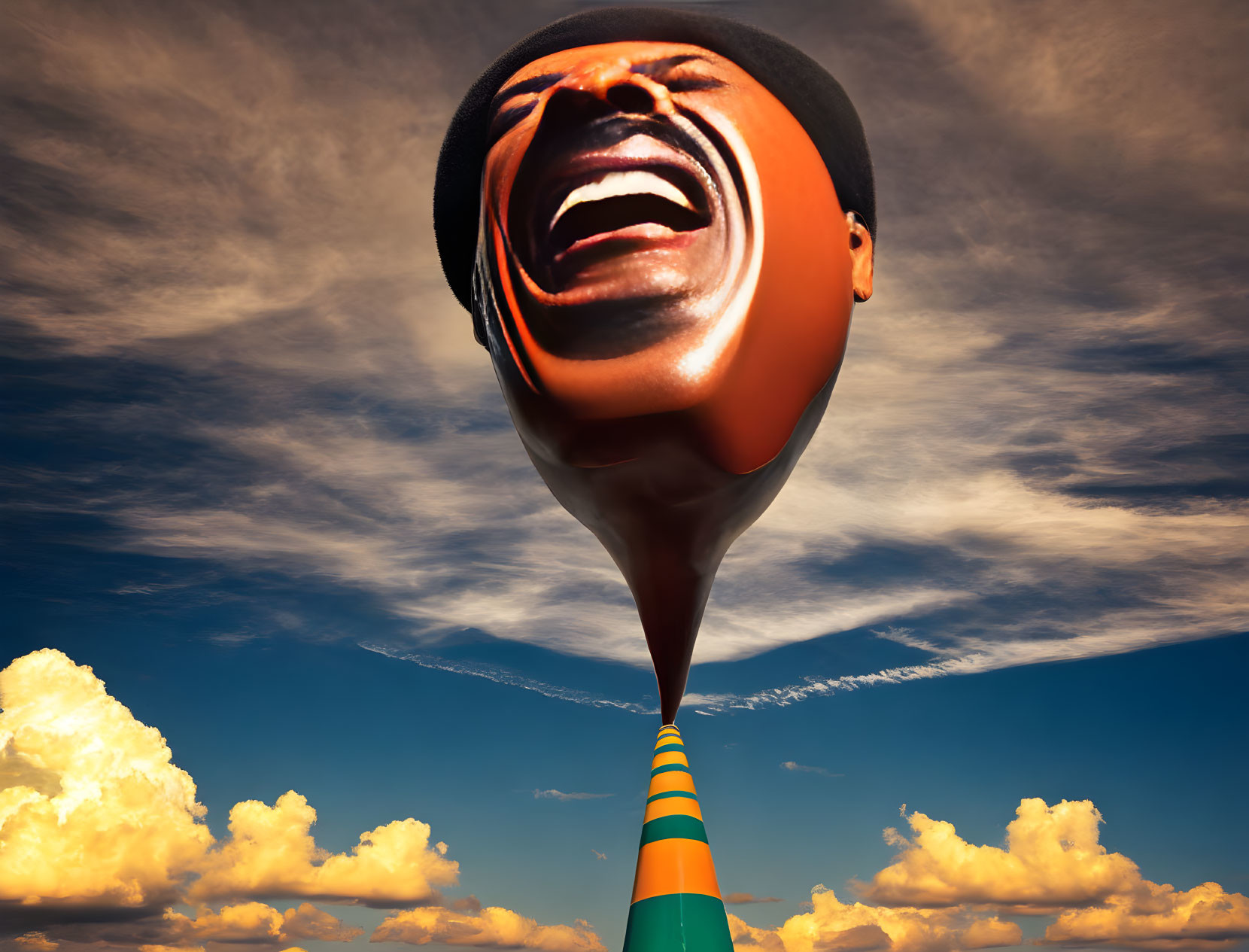 Surreal balloon face above striped hot air balloon basket in cloudy sky