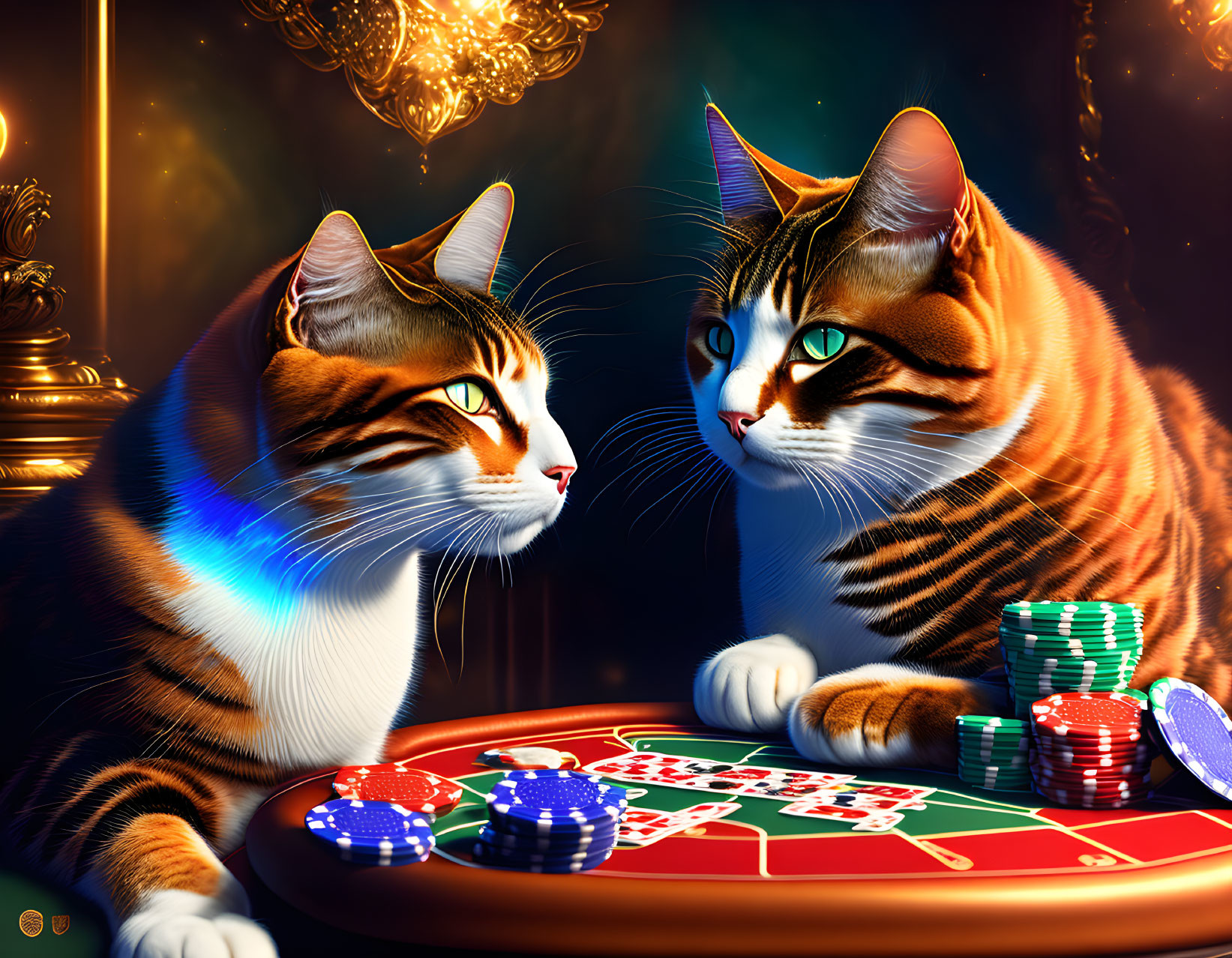 Animated cats at casino poker table with human-like expressions