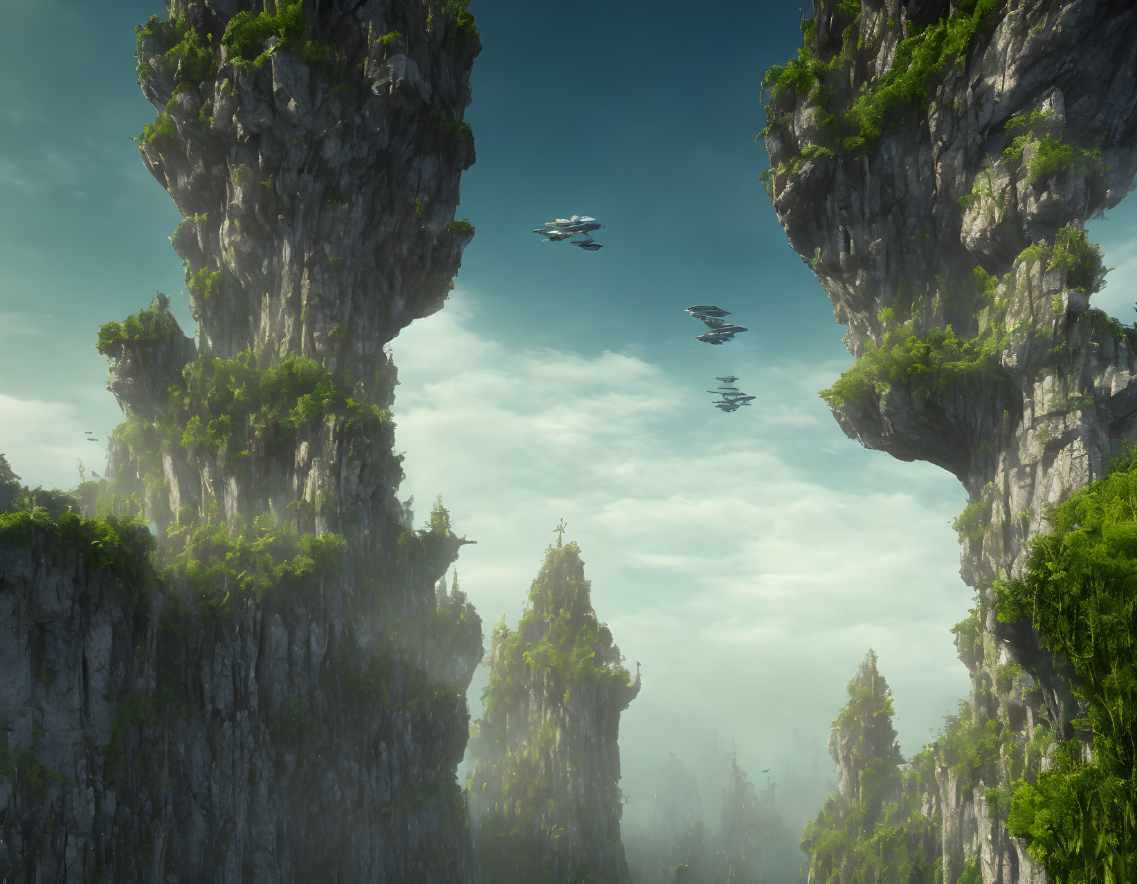 Futuristic ships soar through verdant cliffs in a serene, otherworldly landscape