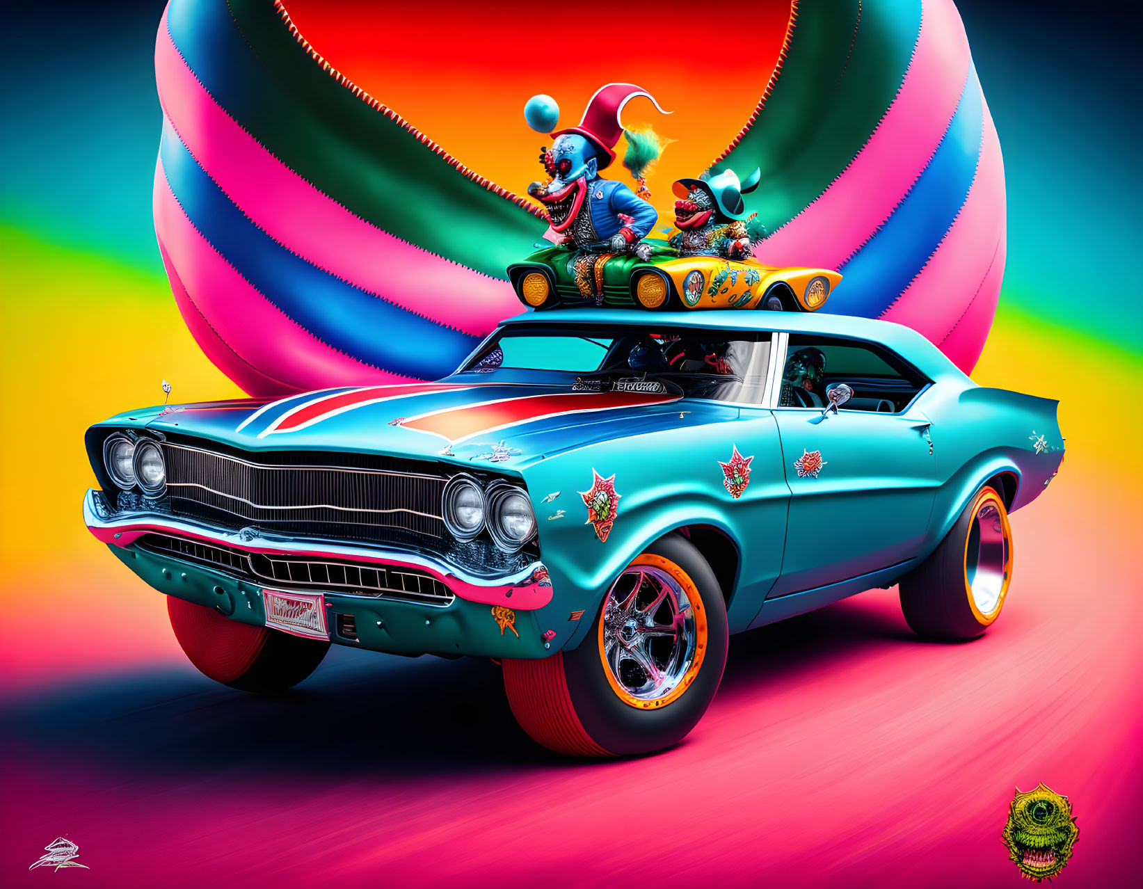 Classic Blue Muscle Car with Psychedelic Background and Small Creatures