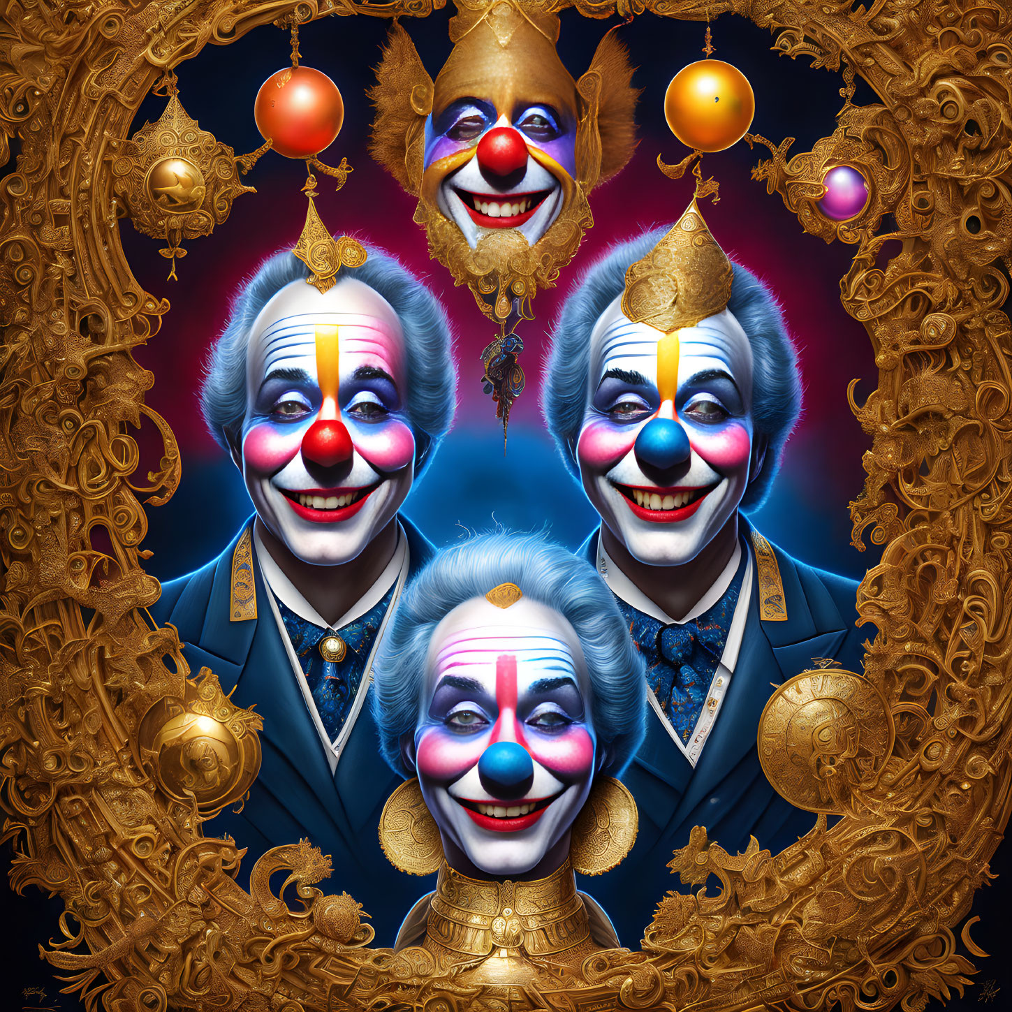 Colorful Clown Quartet in Ornate Baroque Frame on Dark Blue Background