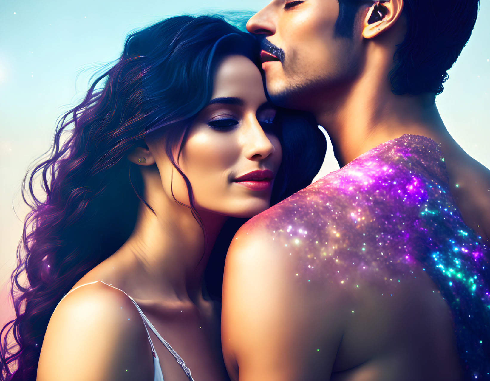 Couple digital illustration with cosmic starry effect