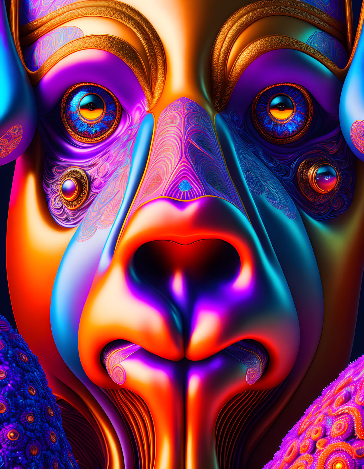 Colorful surreal face with textured patterns and heart-shaped nose