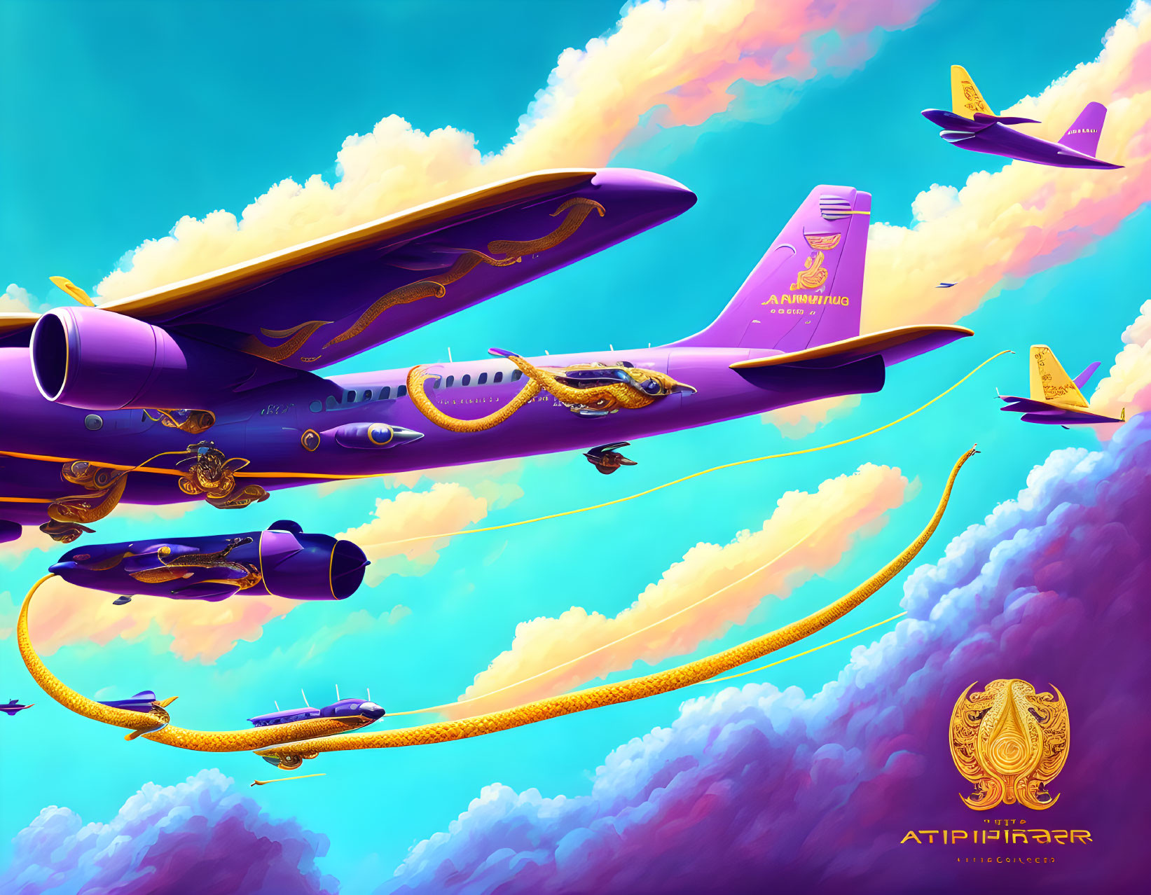 Colorful Purple and Gold Airplanes Soaring in Blue Sky