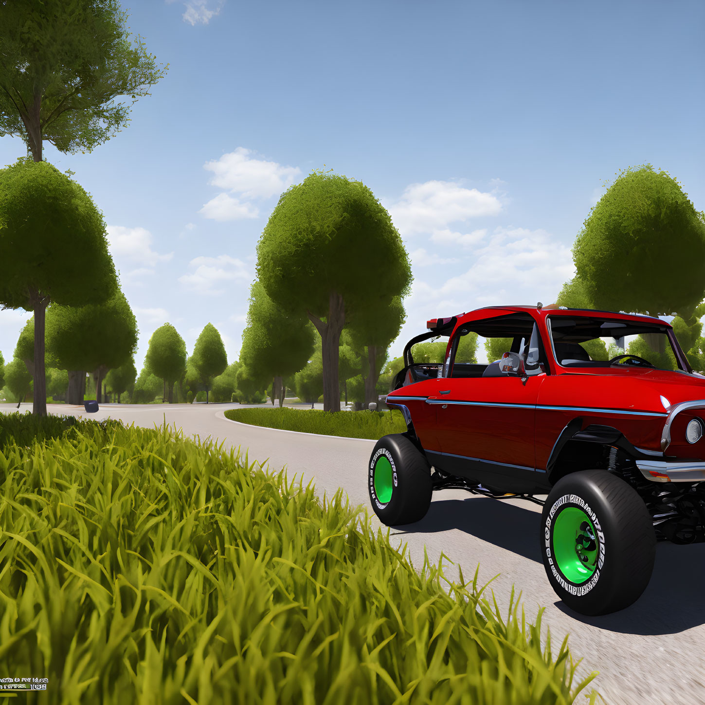 Red off-road vehicle with green rims parked on grass near paved path and trees.