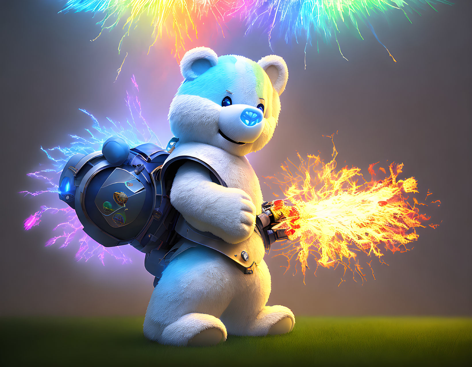 Blue-Nosed Teddy Bear Shooting Colorful Sparks with Futuristic Backpack on Firework-lit Background