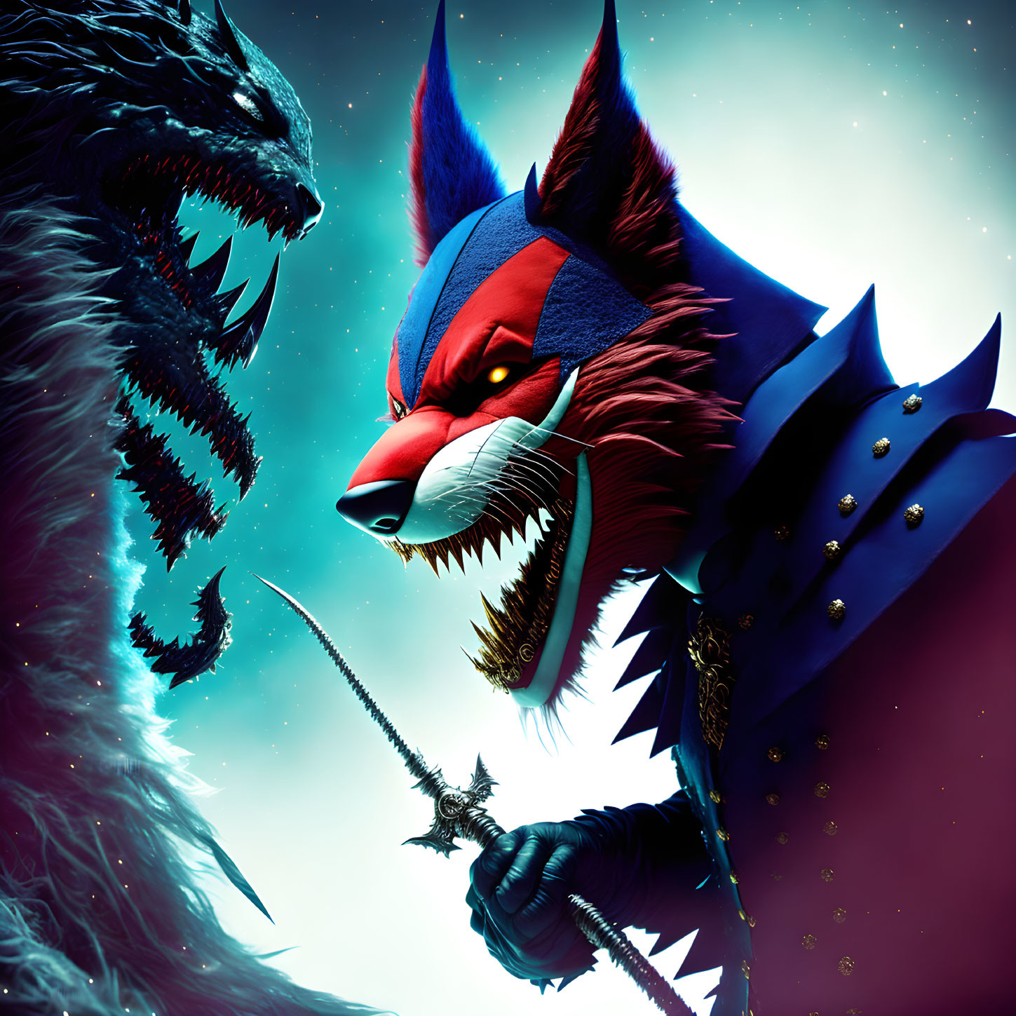 Illustration of fierce fox knight in armor vs. shadowy creature on cosmic backdrop