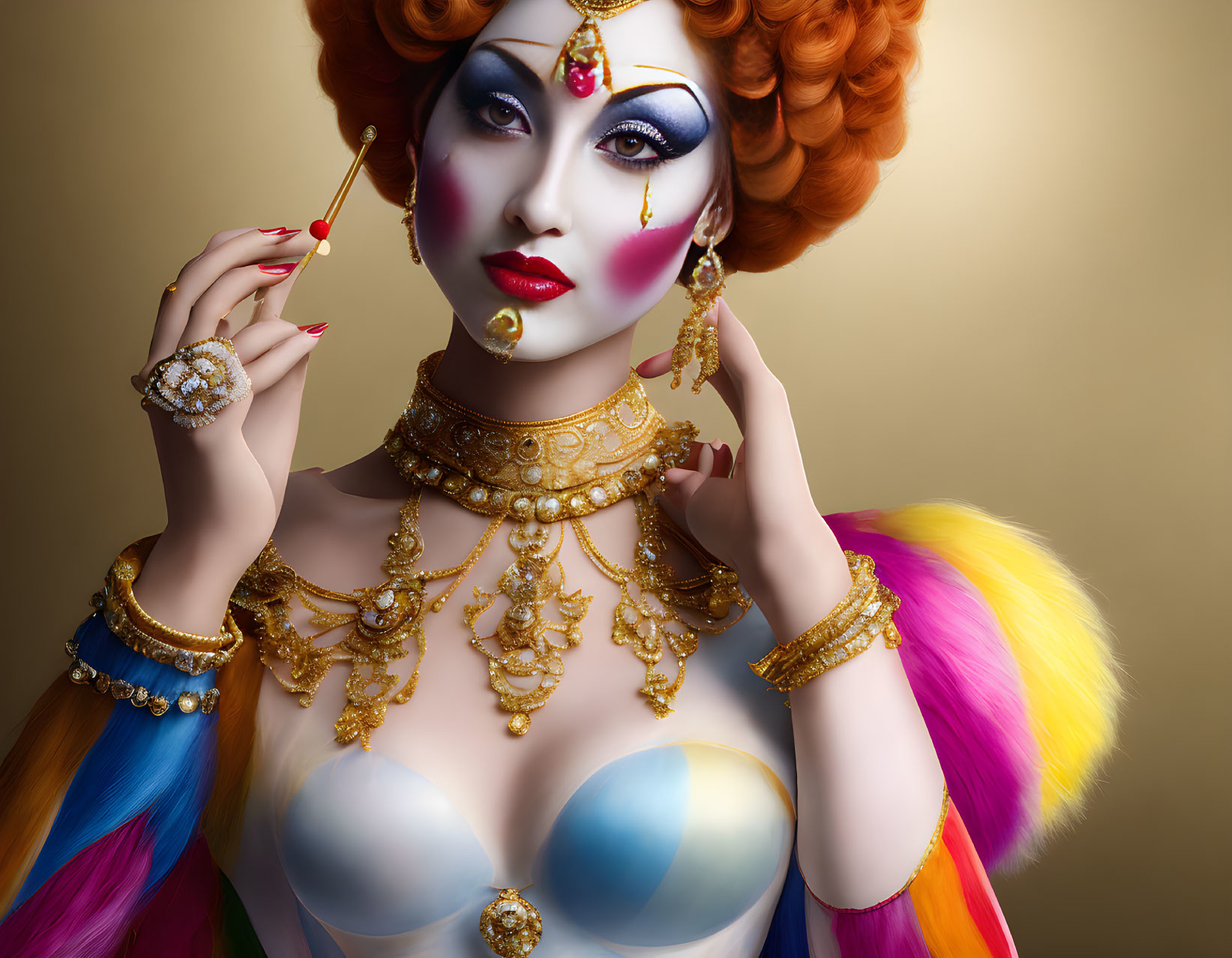 Colorful makeup and multicolored hair woman in blue corset with gold jewelry on golden backdrop