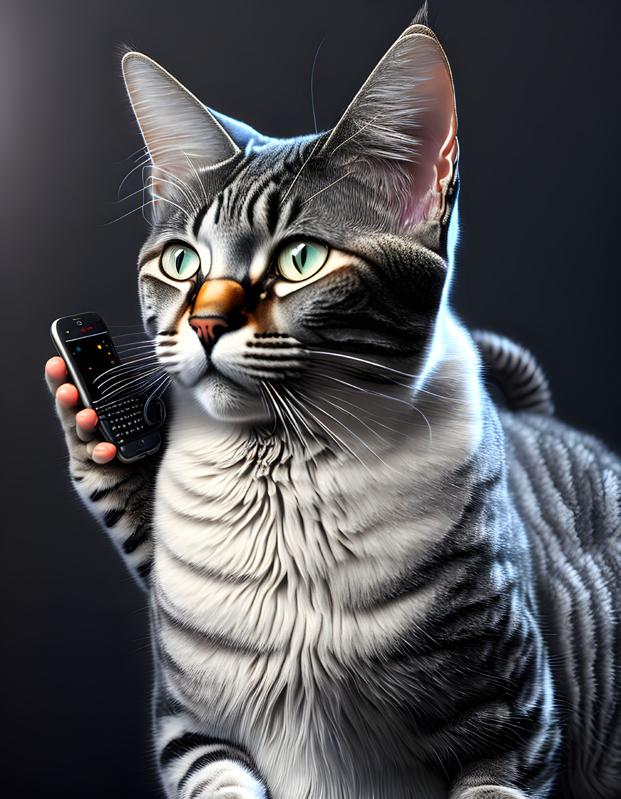 Digital Artwork: Cat with Green Eyes Holding Remote Control